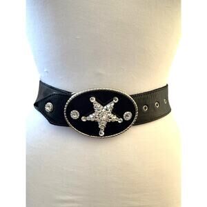 Michelle Monroe Black Leather Belt Swarovski Crystals Star Western Buckle Cowboy